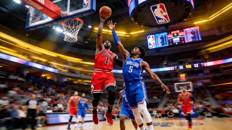 NBA篮球比赛现场，球员在篮下投篮对抗