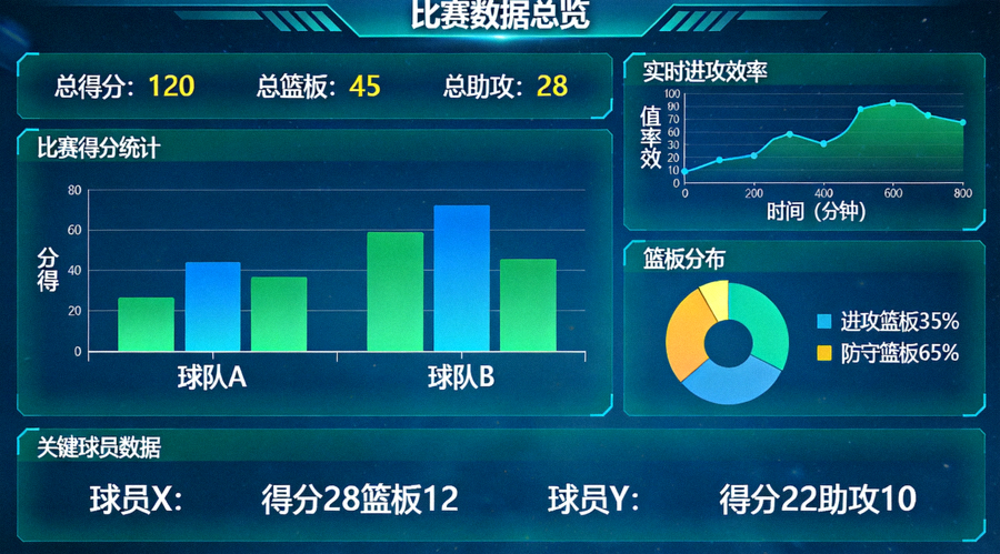 体育数据分析界面示意，展示比赛统计图表与数据指标