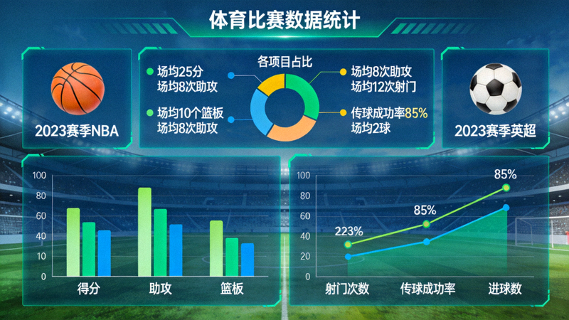 体育数据统计图表展示，包含多项比赛指标的可视化界面